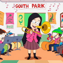 A cartoon-style illustration of Heidi Turner from South Park, confidently playing her trombone