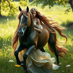 A fantastical creature featuring the upper body of a woman with flowing hair, shoulders, and arms blending seamlessly into the powerful and muscular body of a horse
