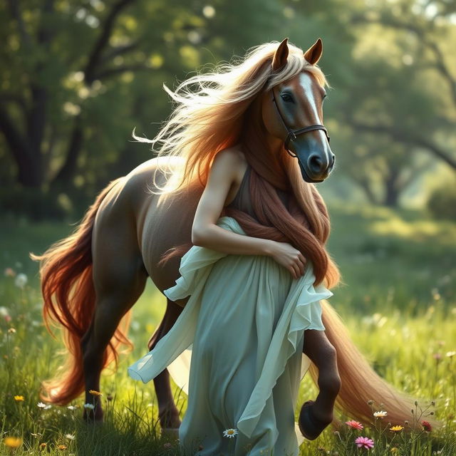 A fantastical creature featuring the upper body of a woman with flowing hair, shoulders, and arms blending seamlessly into the powerful and muscular body of a horse