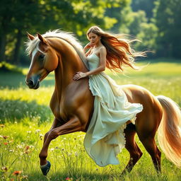 A fantastical creature featuring the upper body of a woman with flowing hair, shoulders, and arms blending seamlessly into the powerful and muscular body of a horse