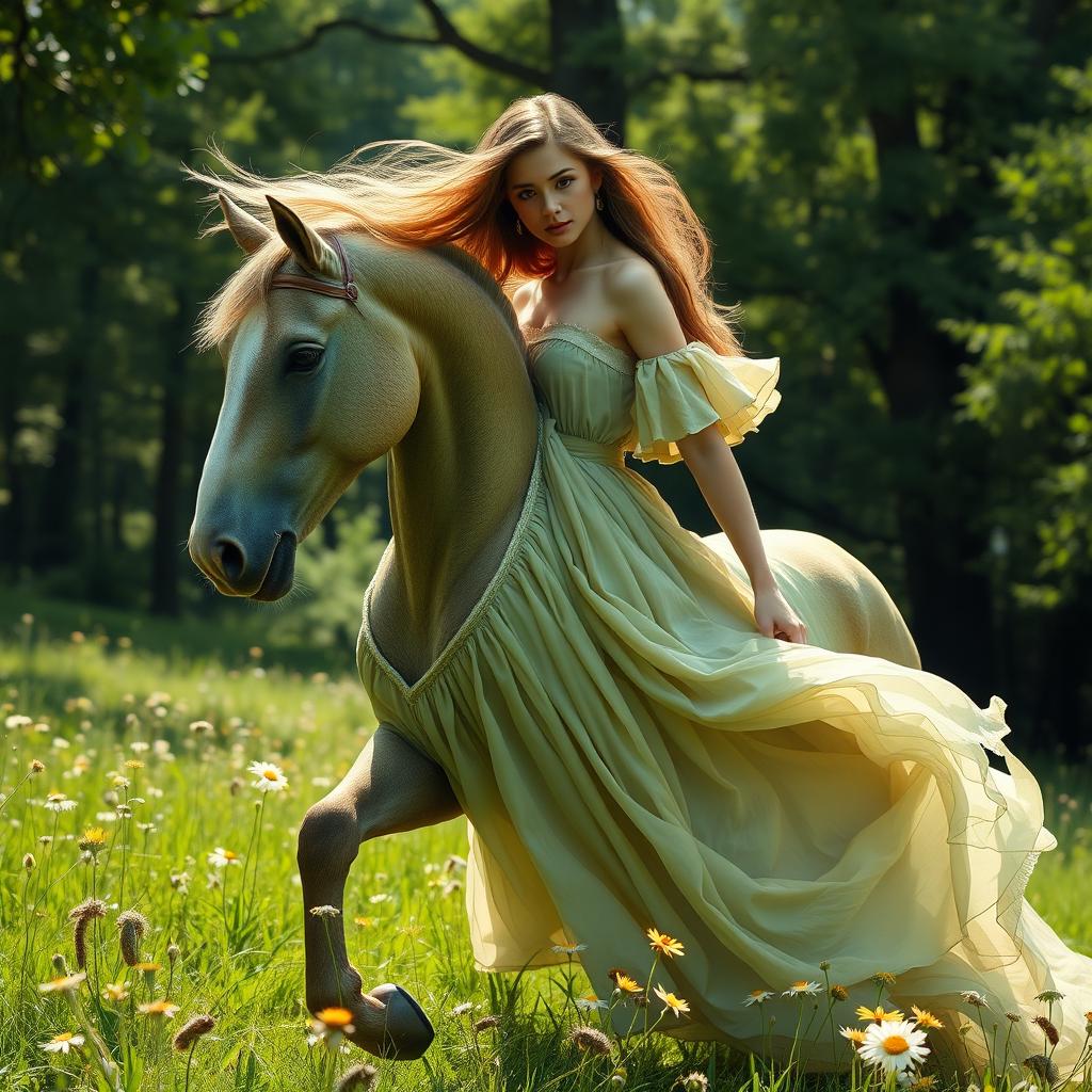 A fantastical creature featuring the upper body of a woman with flowing hair, shoulders, and arms blending seamlessly into the powerful and muscular body of a horse