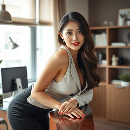 A sexy and beautiful 24-year-old Korean nutritionist dressed in a chic and sexy work outfit, located in her stylish office