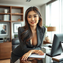 A sexy and beautiful 24-year-old Korean nutritionist dressed in a chic and sexy work outfit, located in her stylish office