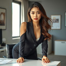 A sexy and beautiful 24-year-old Korean nutritionist dressed in a chic and provocative work outfit, positioned in her stylish office