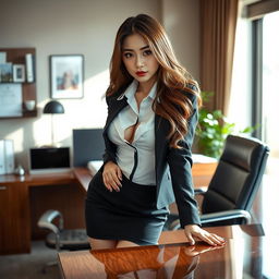 A sexy and beautiful 24-year-old Korean nutritionist dressed in a chic and provocative work outfit, positioned in her stylish office