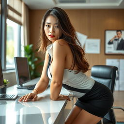 A sexy and beautiful 24-year-old Korean nutritionist dressed in a chic and provocative work outfit, positioned in her stylish office