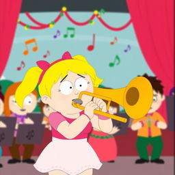 A cartoon-style illustration of Bebe Stevens from South Park energetically playing her trombone