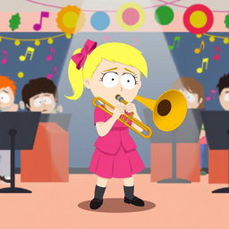 A cartoon-style illustration of Bebe Stevens from South Park energetically playing her trombone