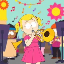 A cartoon-style illustration of Bebe Stevens from South Park energetically playing her trombone