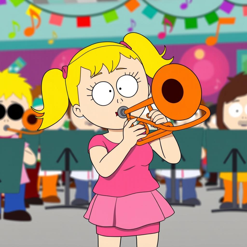 A cartoon-style illustration of Bebe Stevens from South Park energetically playing her trombone