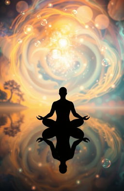 A serene and mystical visualization of the power of the subconscious mind, featuring a human silhouette meditating on a peaceful, reflective surface surrounded by soft glowing lights and ethereal patterns
