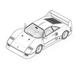 An isometric drawing of a car that embodies aerodynamic design principles, closely resembling the iconic Ferrari F40