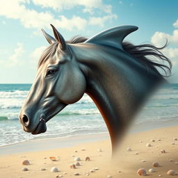 A surreal and imaginative scene depicting a majestic horse with a dolphin's head, featuring the sleek and smooth skin of the dolphin blending into the horse's strong neck and powerful body