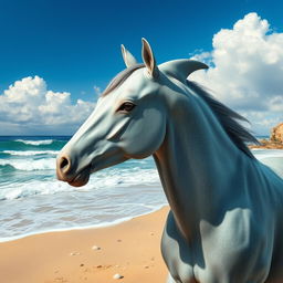A surreal and imaginative scene depicting a majestic horse with a dolphin's head, featuring the sleek and smooth skin of the dolphin blending into the horse's strong neck and powerful body