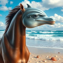 A surreal and imaginative scene depicting a majestic horse with a dolphin's head, featuring the sleek and smooth skin of the dolphin blending into the horse's strong neck and powerful body