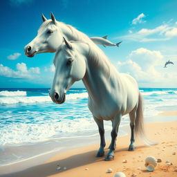 A surreal and imaginative scene depicting a majestic horse with a dolphin's head, featuring the sleek and smooth skin of the dolphin blending into the horse's strong neck and powerful body