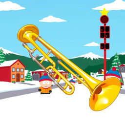 A cartoon-style illustration of a trombone prominently featured in a South Park-themed scene