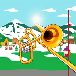 A cartoon-style illustration of a trombone prominently featured in a South Park-themed scene