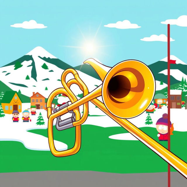 A cartoon-style illustration of a trombone prominently featured in a South Park-themed scene