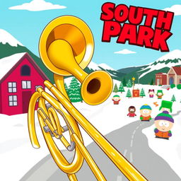 A cartoon-style illustration of a trombone prominently featured in a South Park-themed scene