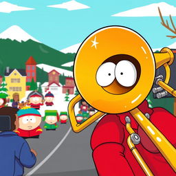 A cartoon-style illustration of a trombone prominently featured in a South Park-themed scene