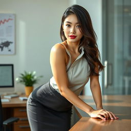 A sexy and beautiful 24-year-old Korean nutritionist wearing a stylish and sexy work outfit, including a fitted skirt and a sleeveless shirt, set in her modern office