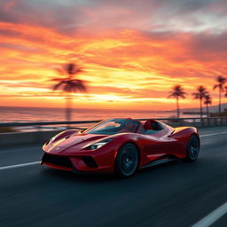 A sleek red sports car speeding down a coastal highway during sunset, the sky painted in vibrant orange and pink hues