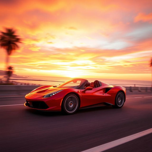 A sleek red sports car speeding down a coastal highway during sunset, the sky painted in vibrant orange and pink hues