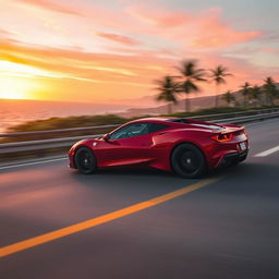 A sleek red sports car speeding down a coastal highway during sunset, the sky painted in vibrant orange and pink hues