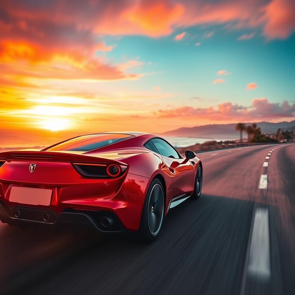 A sleek red sports car speeding down a coastal highway during sunset, the sky painted in vibrant orange and pink hues