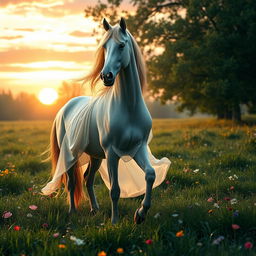 A surrealistic image of a horse with a woman's torso instead of a traditional horse head