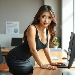 A sexy and beautiful 24-year-old Korean nutritionist wearing a stylish work outfit that includes a fitted skirt and a sleeveless shirt, set in her modern office