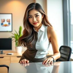 A sexy and beautiful 24-year-old Korean nutritionist wearing a stylish work outfit that includes a fitted skirt and a sleeveless shirt, set in her modern office