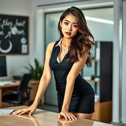 A sexy and beautiful 24-year-old Korean nutritionist wearing a stylish work outfit that includes a fitted skirt and a sleeveless shirt, set in her modern office