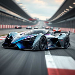 A unique race car designed with advanced aerodynamic features, showcasing a futuristic look with a streamlined body, sharp edges, and a captivating paint job that blends vibrant shades of blue and silver