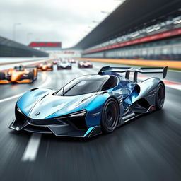 A unique race car designed with advanced aerodynamic features, showcasing a futuristic look with a streamlined body, sharp edges, and a captivating paint job that blends vibrant shades of blue and silver