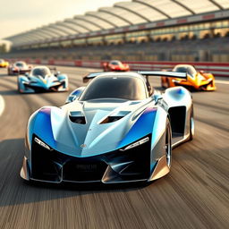 A unique race car designed with advanced aerodynamic features, showcasing a futuristic look with a streamlined body, sharp edges, and a captivating paint job that blends vibrant shades of blue and silver
