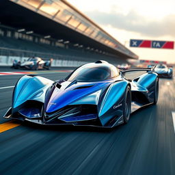 A unique race car designed with advanced aerodynamic features, showcasing a futuristic look with a streamlined body, sharp edges, and a captivating paint job that blends vibrant shades of blue and silver