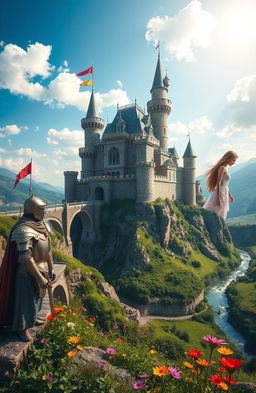 A grand, intricately designed medieval castle perched atop a rocky cliff, overlooking a lush green valley with a winding river below
