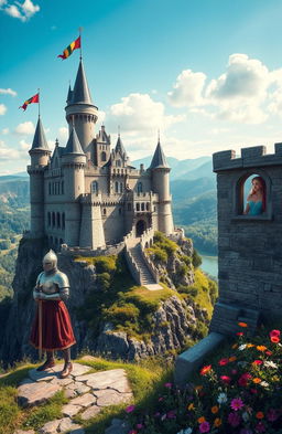 A grand, intricately designed medieval castle perched atop a rocky cliff, overlooking a lush green valley with a winding river below