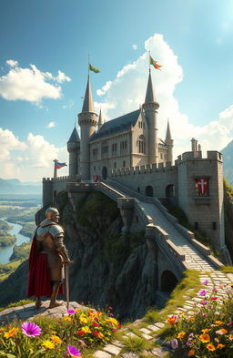 A grand, intricately designed medieval castle perched atop a rocky cliff, overlooking a lush green valley with a winding river below