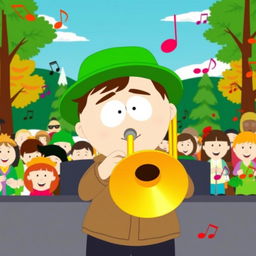 A cartoon scene depicting Kyle from South Park enthusiastically playing a trombone