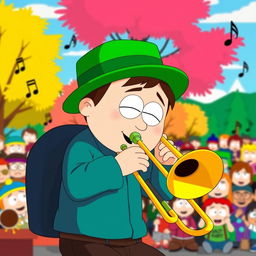 A cartoon scene depicting Kyle from South Park enthusiastically playing a trombone