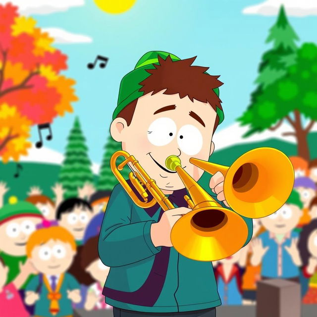 A cartoon scene depicting Kyle from South Park enthusiastically playing a trombone