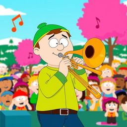 A cartoon scene depicting Kyle from South Park enthusiastically playing a trombone