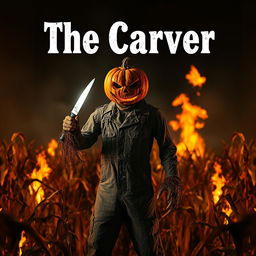 A menacing scarecrow dressed in weathered overalls, featuring a terrifying pumpkin head, stands defiantly in a cornfield engulfed in flames