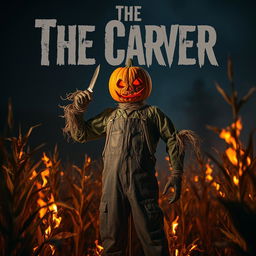 A menacing scarecrow dressed in weathered overalls, featuring a terrifying pumpkin head, stands defiantly in a cornfield engulfed in flames