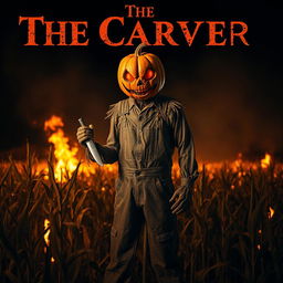 A menacing scarecrow dressed in weathered overalls, featuring a terrifying pumpkin head, stands defiantly in a cornfield engulfed in flames