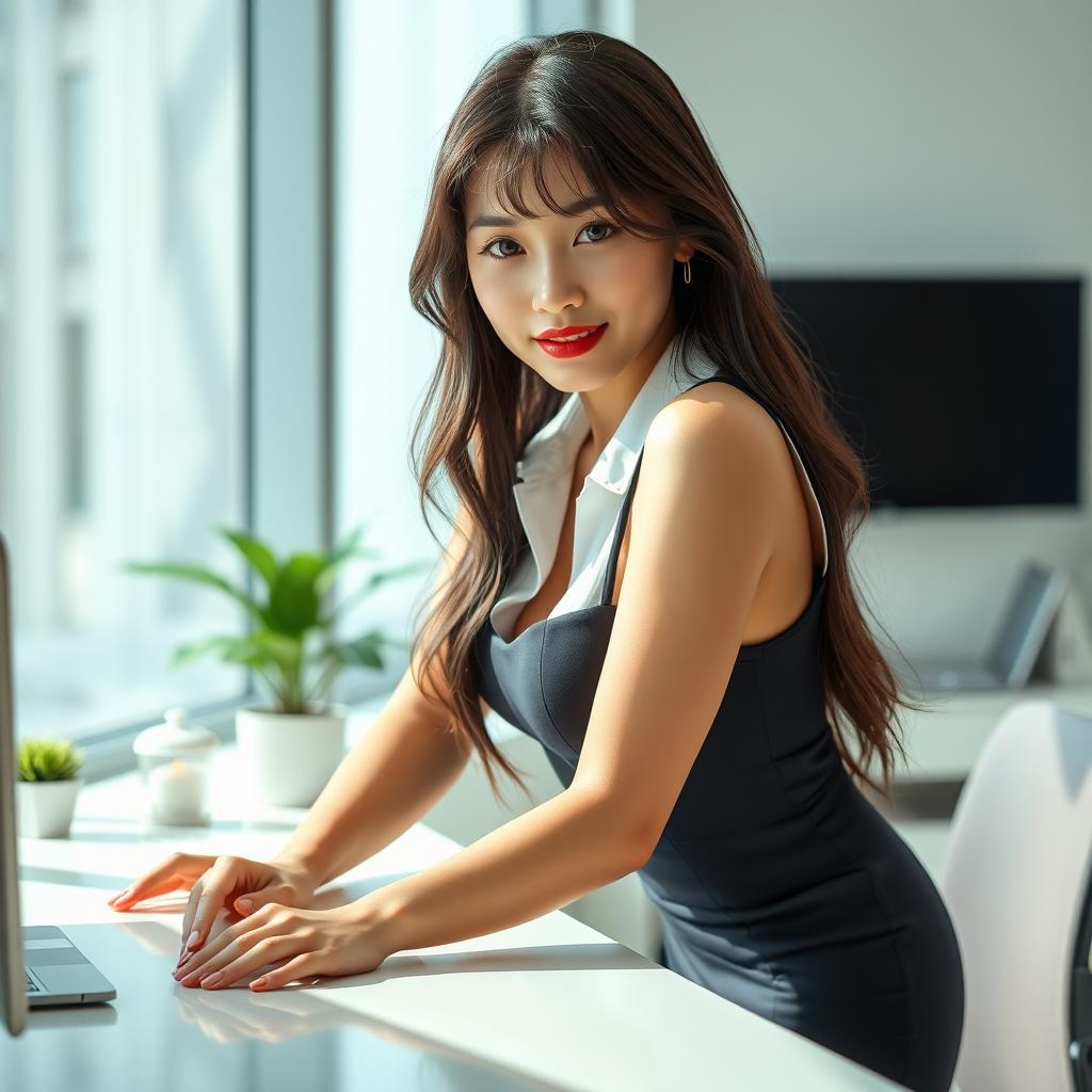 A sexy and beautiful 24-year-old Korean nutritionist dressed in a stylish work outfit featuring a fitted skirt and a sleeveless shirt, set in her modern office