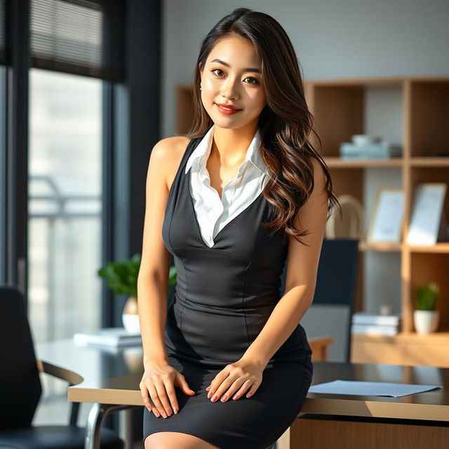 A sexy and beautiful 24-year-old Korean nutritionist dressed in a stylish work outfit featuring a fitted skirt and a sleeveless shirt, set in her modern office